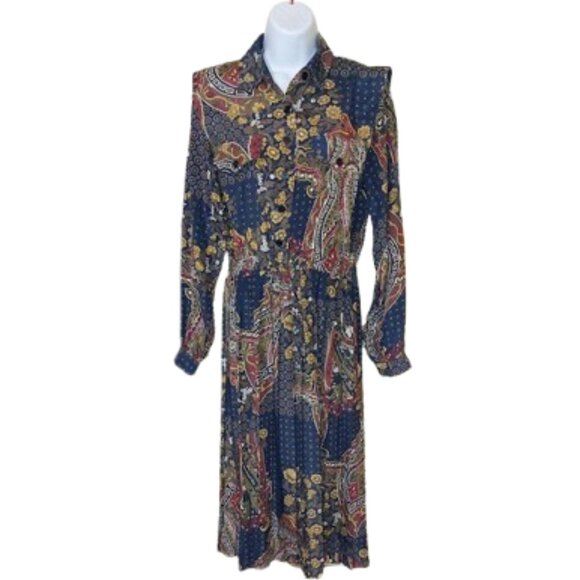 VINTAGE Long Sleeve Paisley Print Satin Dress Size 8 Petite - Picture 3 of 7